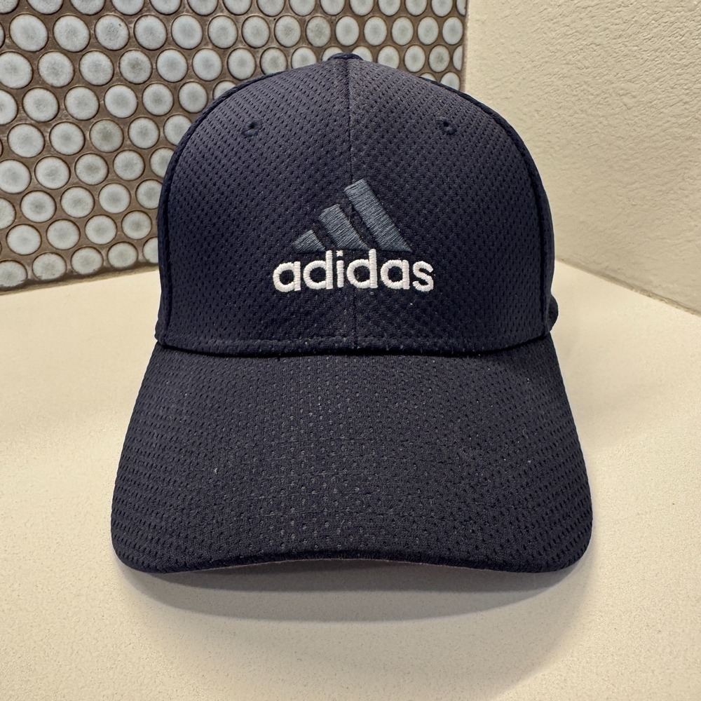 Adidas Hat Cap Black Mesh Fitted S-M Flex Retro Logo Spellout Outdoor Baseball
